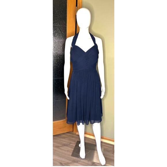 Bill Levkoff Bridesmaid Prom Formal Holiday Cocktail Navy Blue Halter Dress Sz 8 - Picture 15 of 15